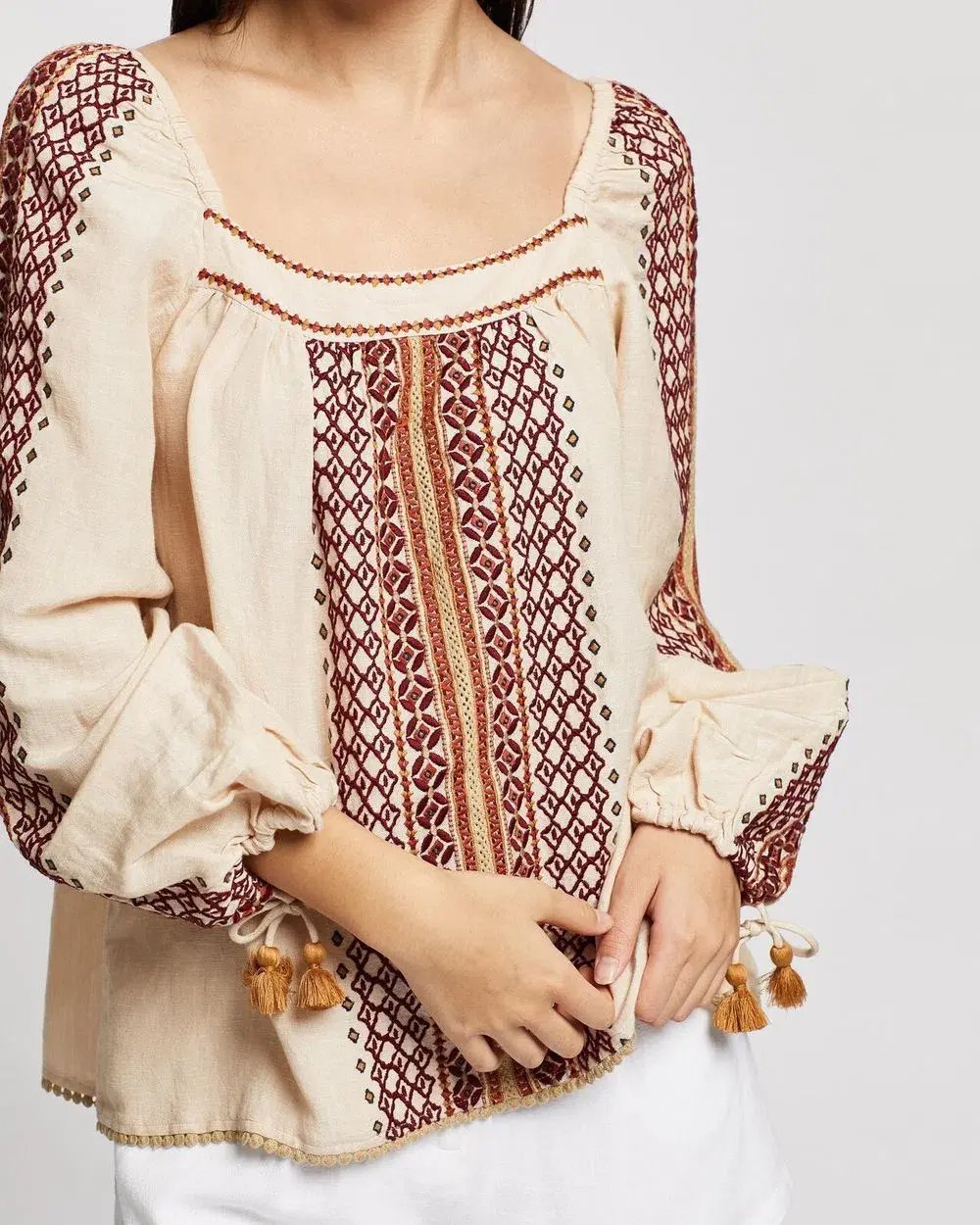 Tigerlily Dellah Embroidered Linen Long Sleeve Blouse Multi Size 12 photo 5