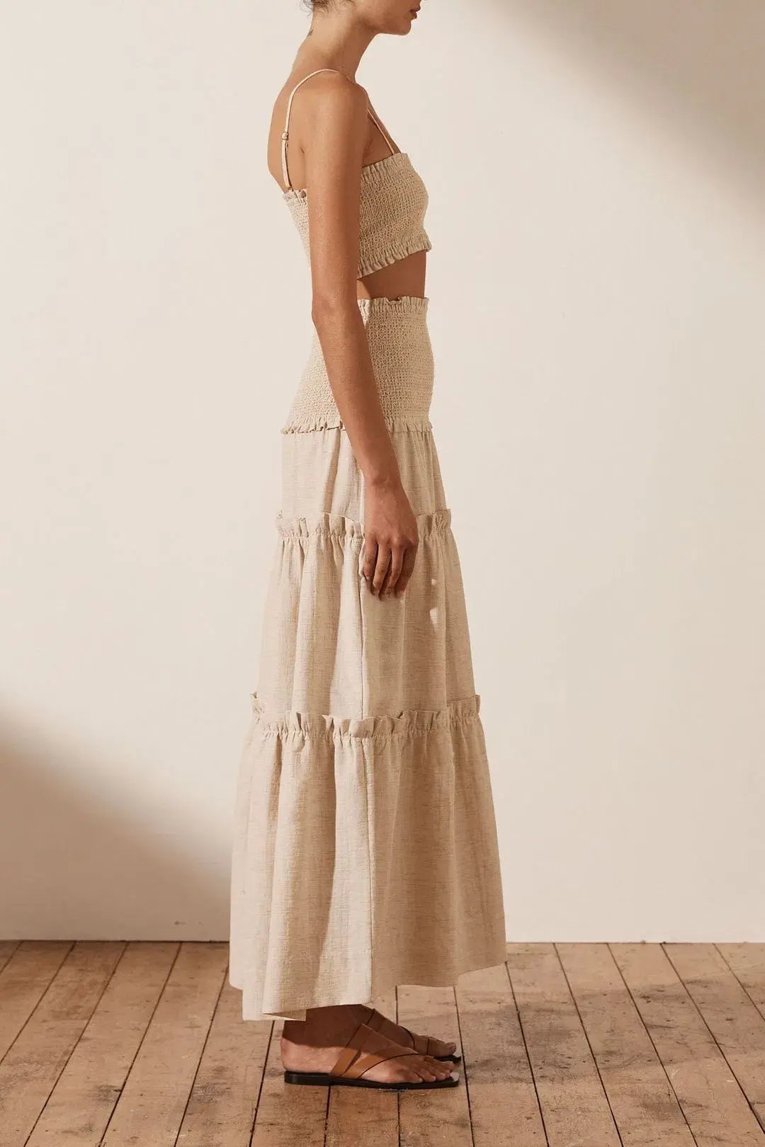 SHONA JOY Fiona Shirred Bralette and Tiered Midi Skirt Set CREAM Size AU 6 photo 4