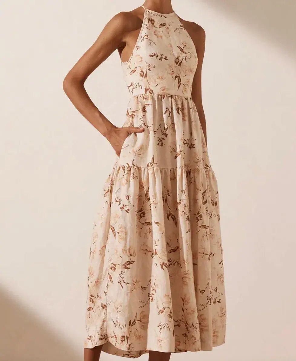 Shona Joy Roxanne Linen Open Back Tiered Midi Dress Floral Size 8 / S photo 2
