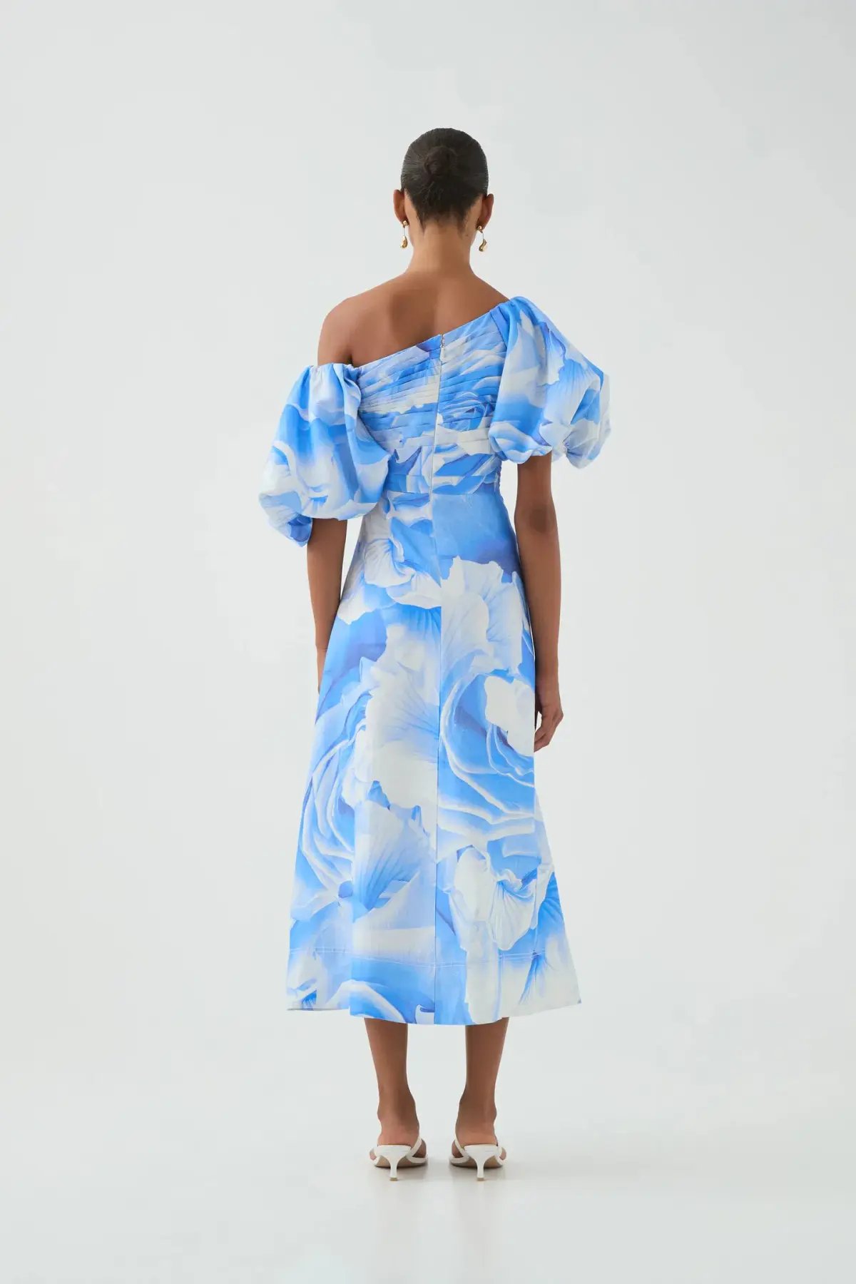 Aje Cadence Ruched Midi Dress Blue Puff Sleeve Size 14 photo 2