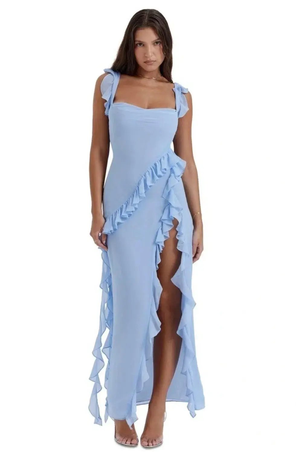 House of CB Ariela Ruffle Dress Blue Size 6 photo 2