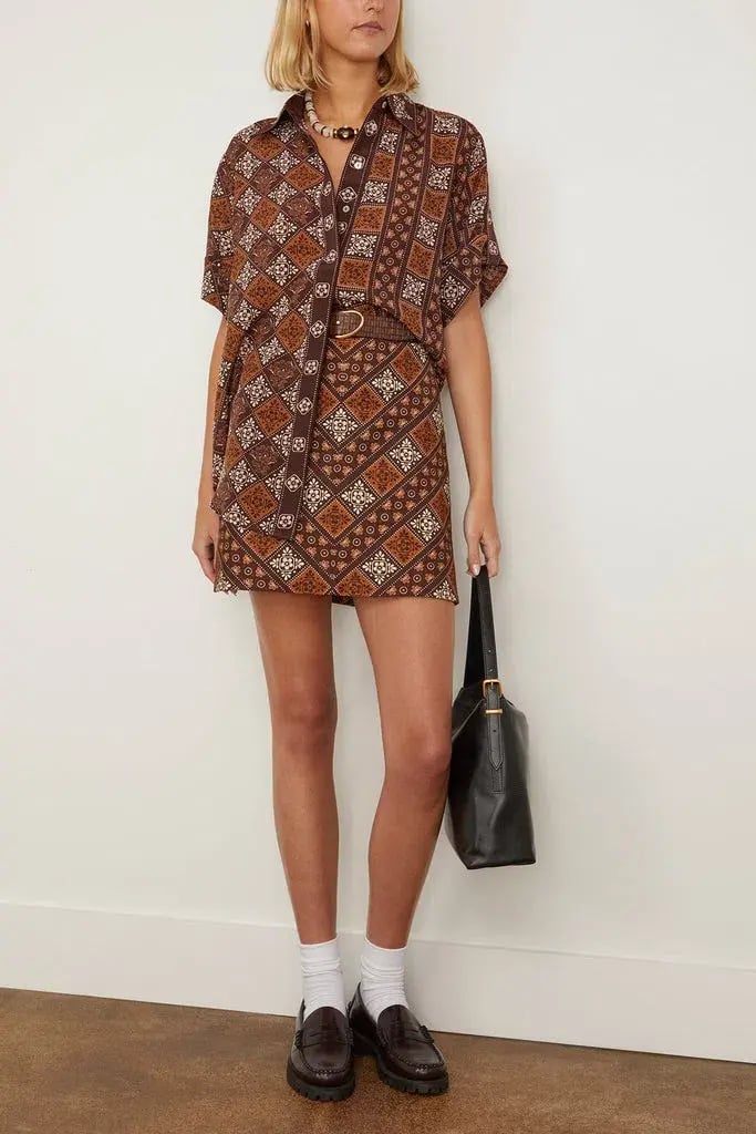 Alemais Carmella Shirt And Mini Skirt Set Brown/Print Size 8 photo 4