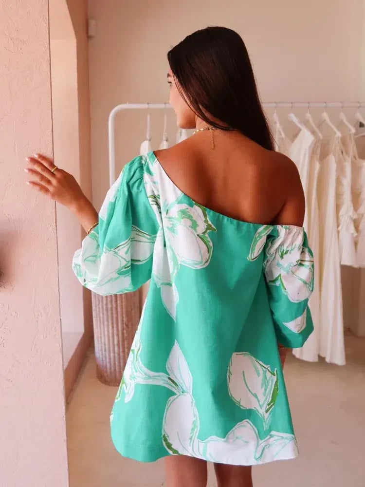 By Nicola Capri Off Shoulder Relaxed Mini Dress in Verde Fleur Size 10 photo 3