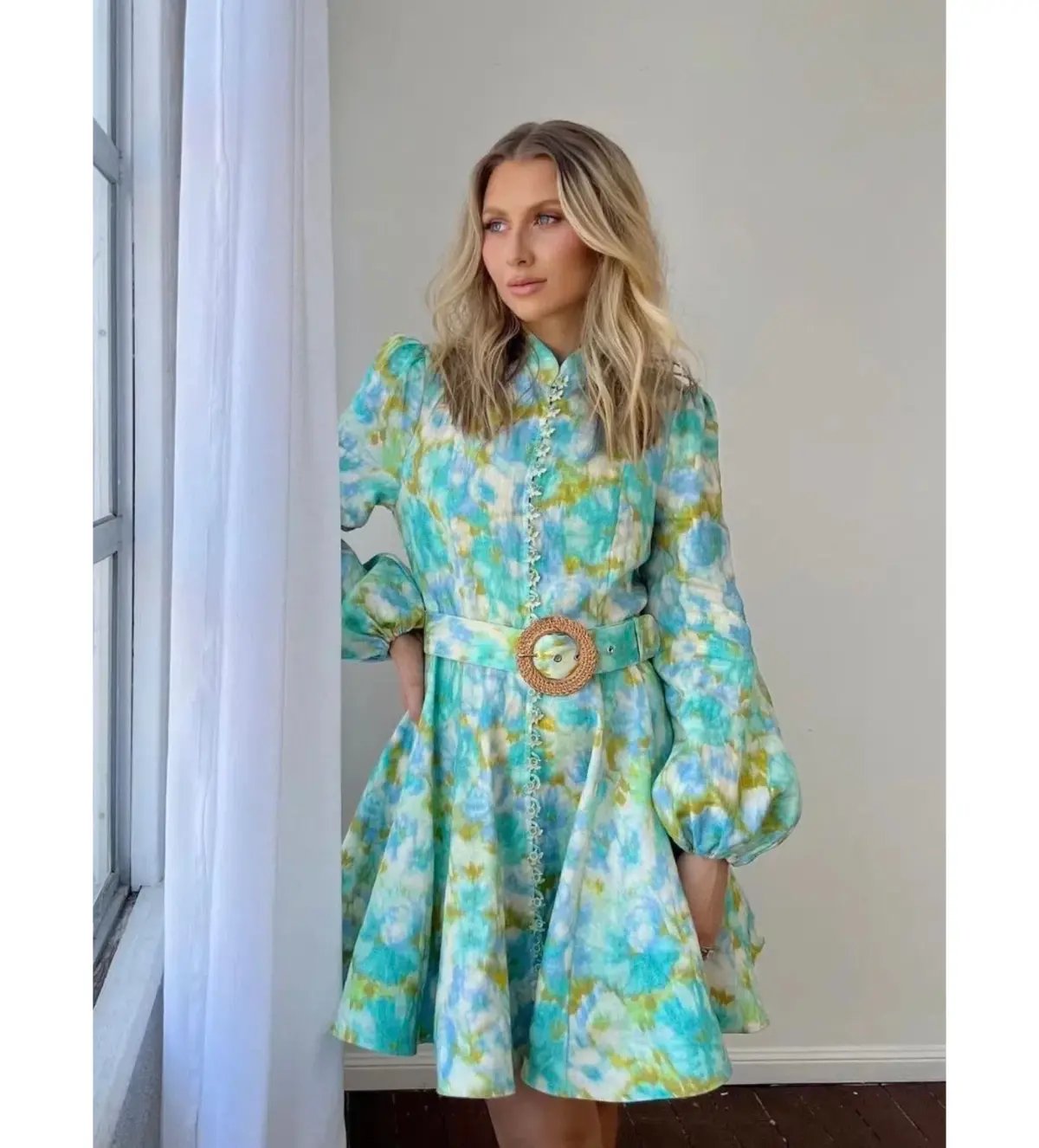 Zimmermann High Tide Buttoned Mini Dress Aqua Ikat Floral Size 0 AU 8 photo 5