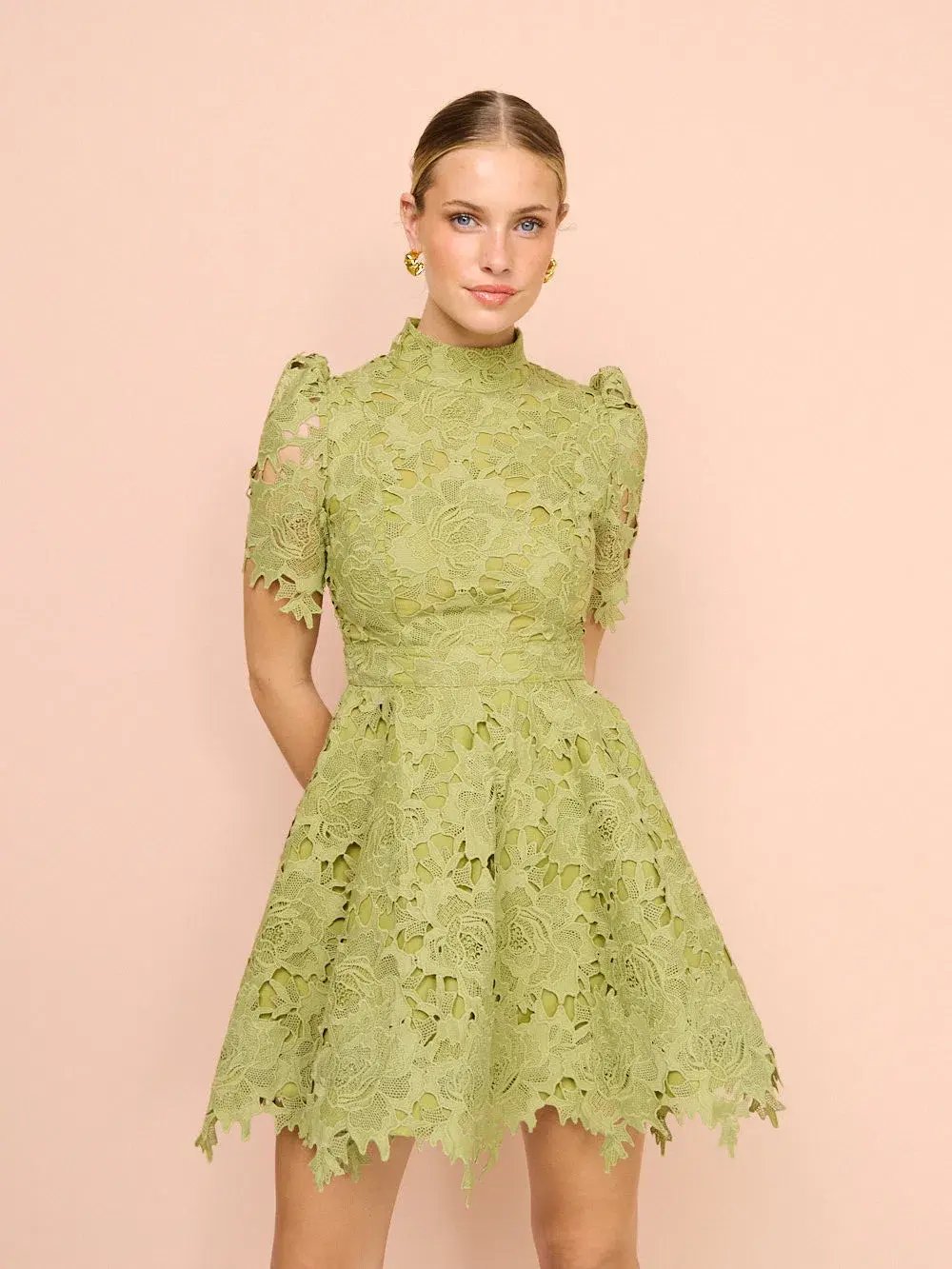 Leo Lin Elise Lace Short Sleeve Mini Dress Olive Size 14 photo 2