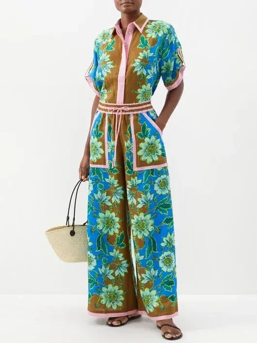Alemais Winnie Floral Spliced Blue Brown Shirt and Pant Two Piece Set Floral Size 10 photo 2