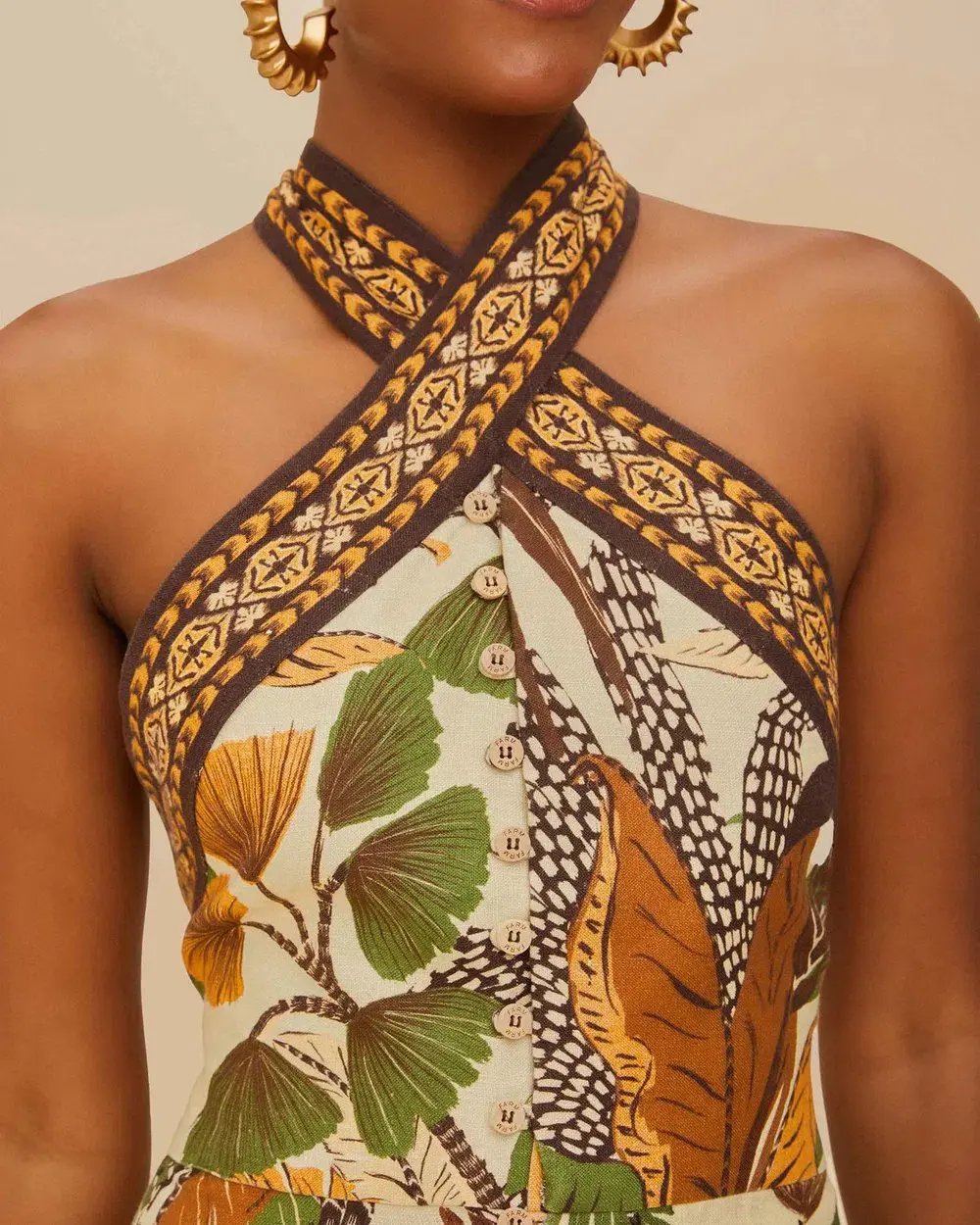 Farm Rio Halter Neck Mini Dress Foliage Sketch Sand in Size M photo 3