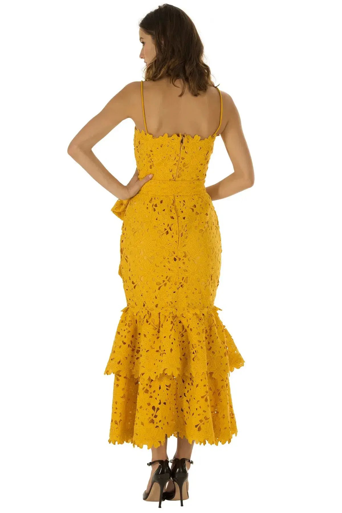 Bambah Double Ruffle Lace Midi Dress Yellow Size 12 photo 2