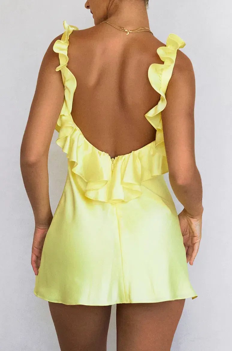 House Of CB Tink Satin Ruffle Mini Dress Buttercup Yellow Size M / AU 10 photo 3
