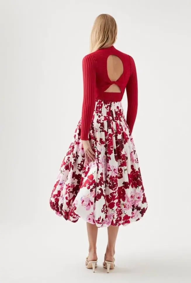 Aje Cherie Bubble Midi Skirt and Top Set Red Floral Size 8 photo 5