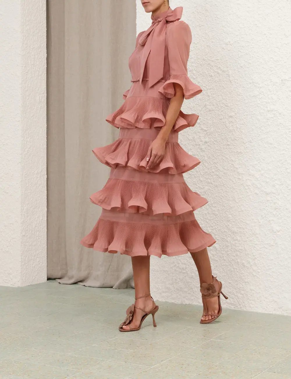 Zimmermann Pleated Sleeved Midi Dress Size 0/ 8-Lipstick Pink photo 2