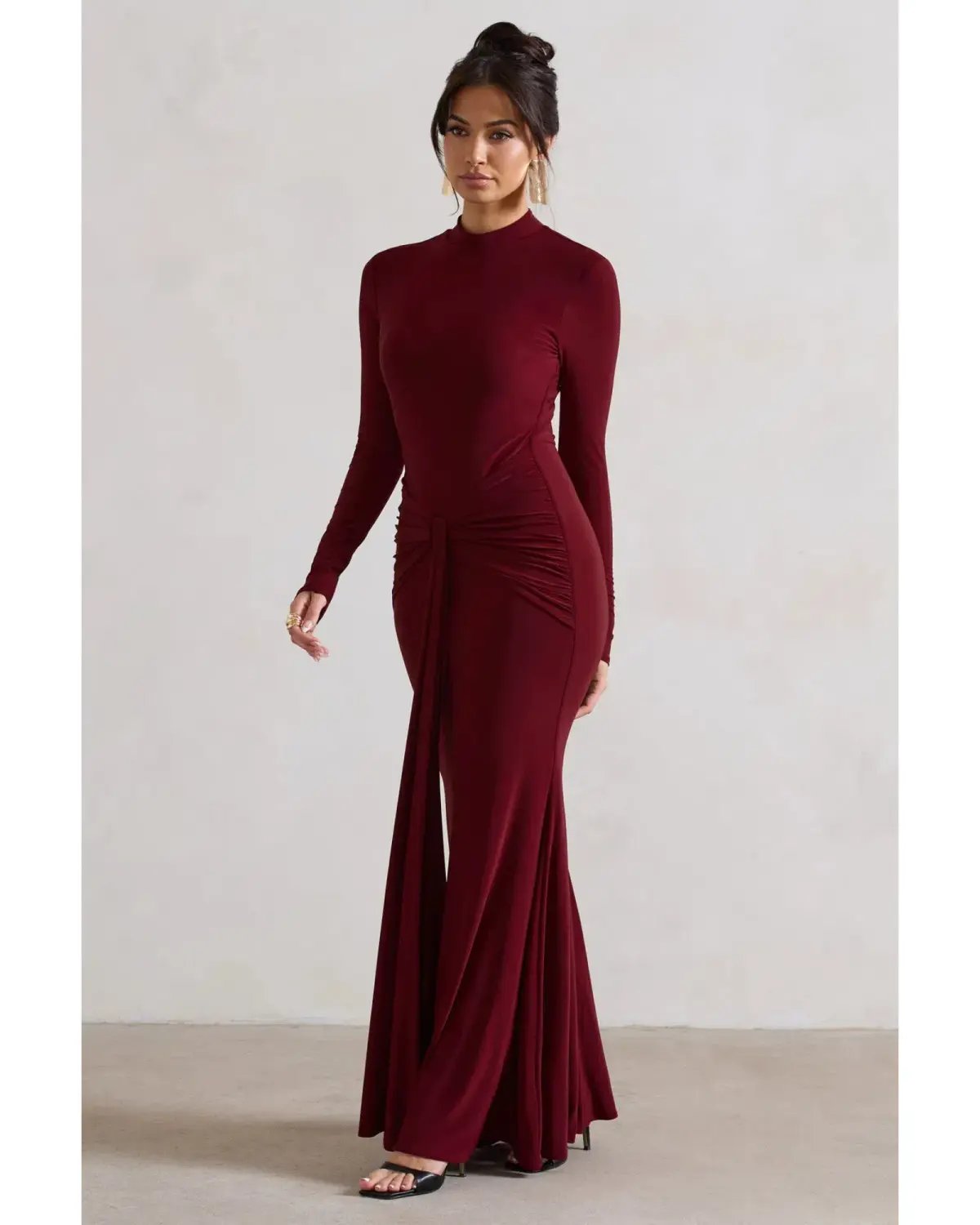 Club L London Pietra High-Neck Long Sleeve Knot Maxi Dress Berry Size AU 12 photo 2