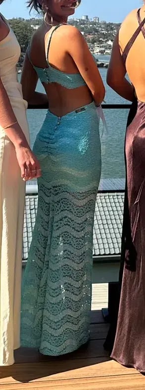 Amy Taylor Couture Lace Aqua Blue Gown Size 8 photo 3