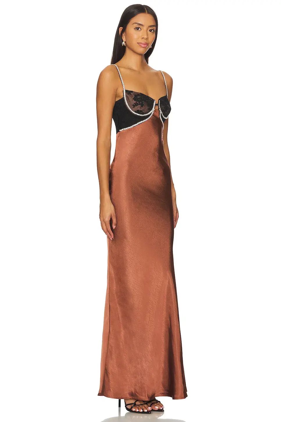 Self-Portrait Satin Diamante Maxi Dress Brown Size 8 photo 2