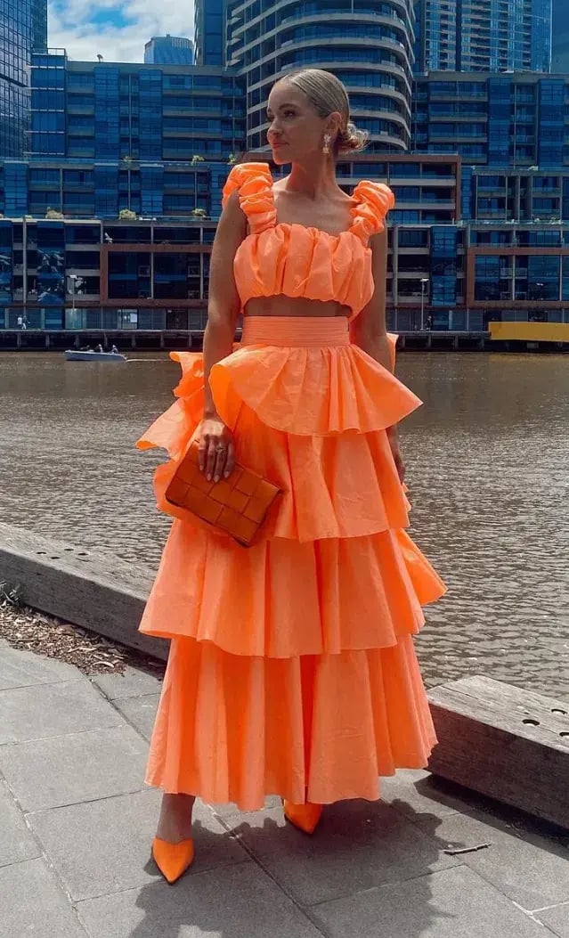 Aje Medina Ruched Crop Top and Tiered Midi Skirt Set Orange Size 10 photo 3
