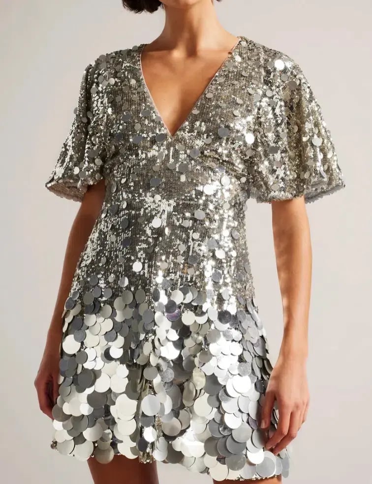 Ted Baker Silver Estelli Embellished Cape Woven Mini Dress Sequin Size 8 photo 2