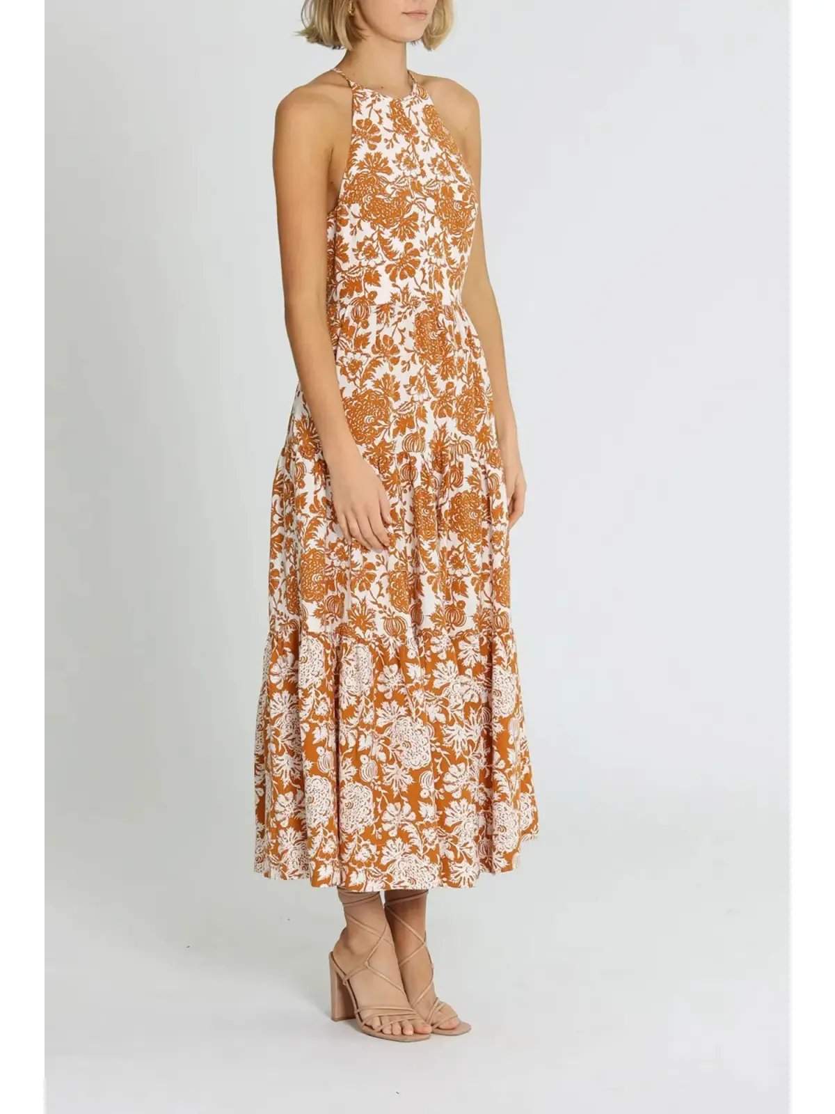 Shona Joy Vitoria Halter Midi Dress Brown Print Size AU 10 photo 2