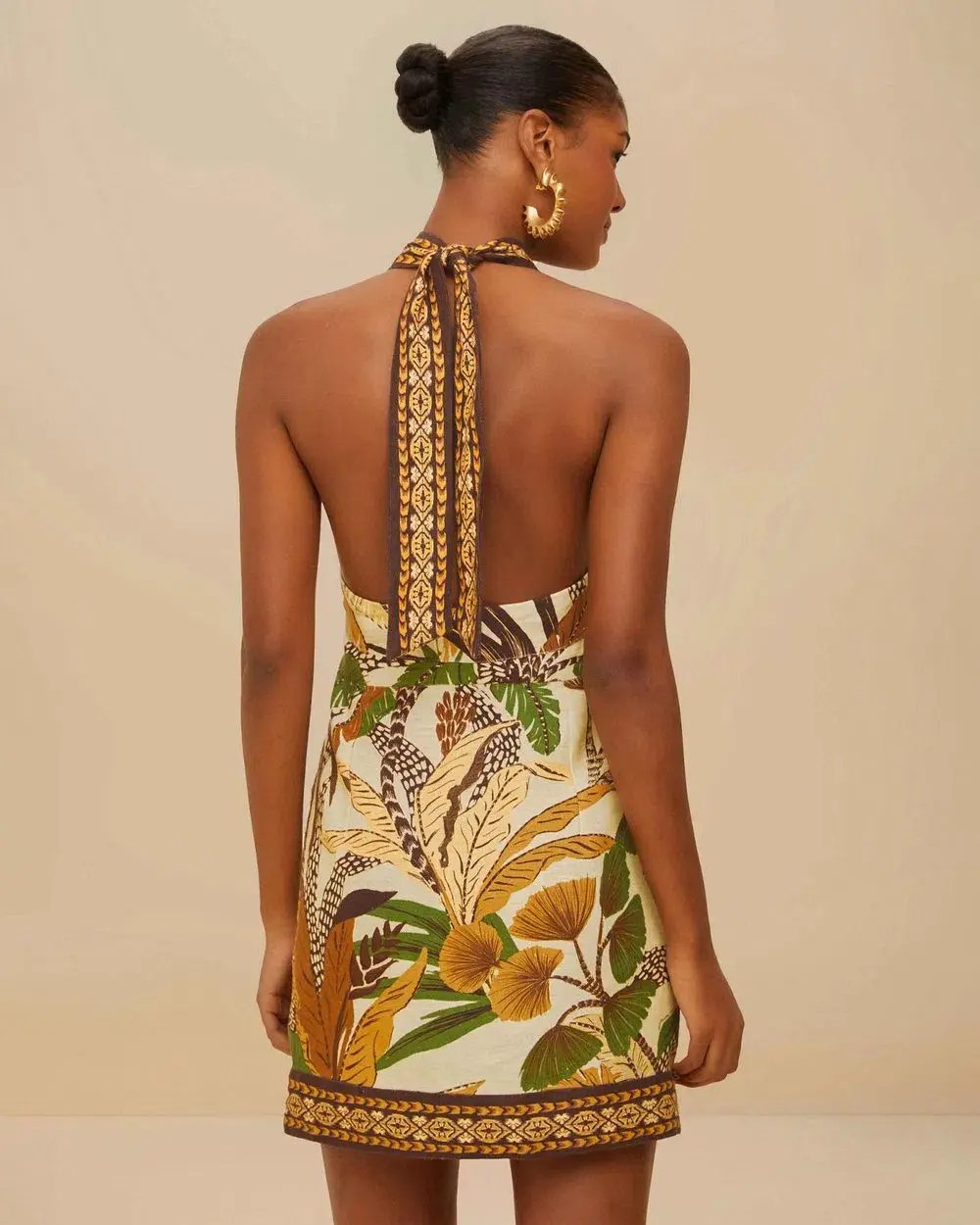 Farm Rio Halter Neck Mini Dress Foliage Sketch Sand in Size M photo 2
