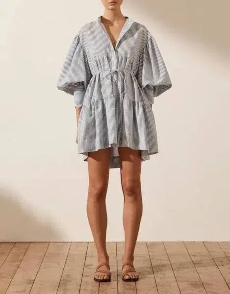 Shona Joy Roberta Balloon Sleeve Tiered Mini Dress Blue Size 12 / L photo 4