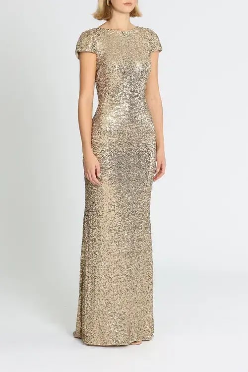 Badgley Mischka Sequin Cowl Back Gown Gold Size 10 photo 2