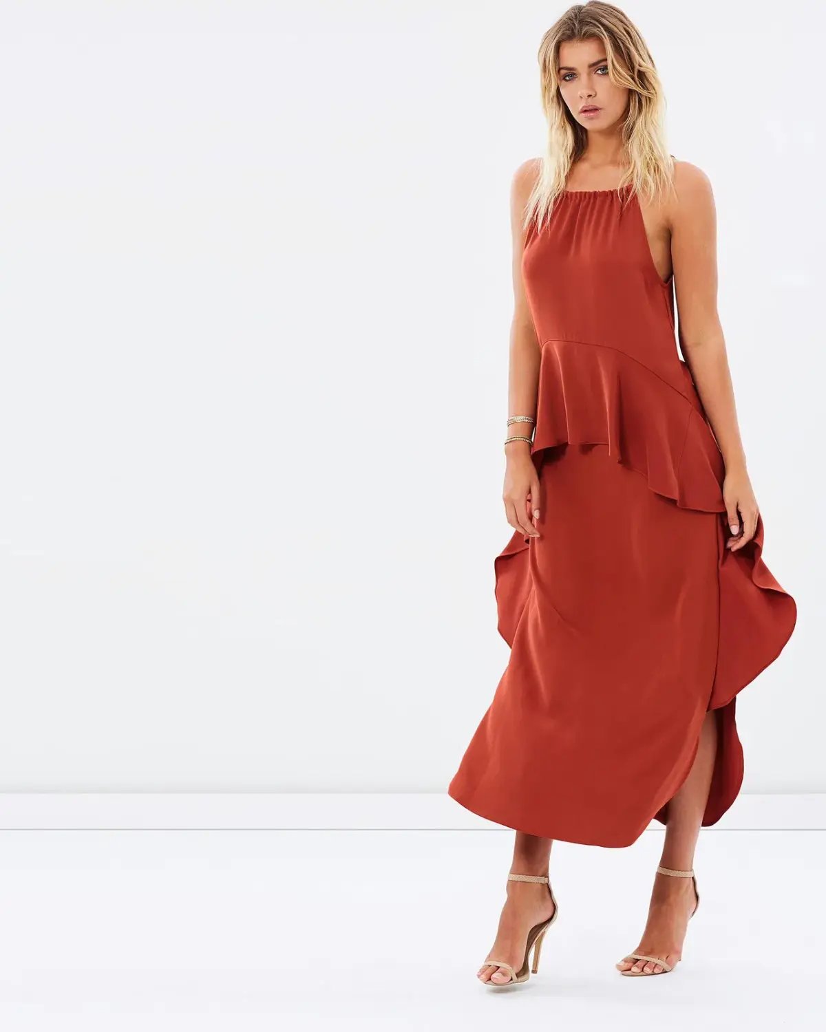 Shona Joy Voltaire Ruched Ruffle Midi Dress Rust Size 6 photo 2