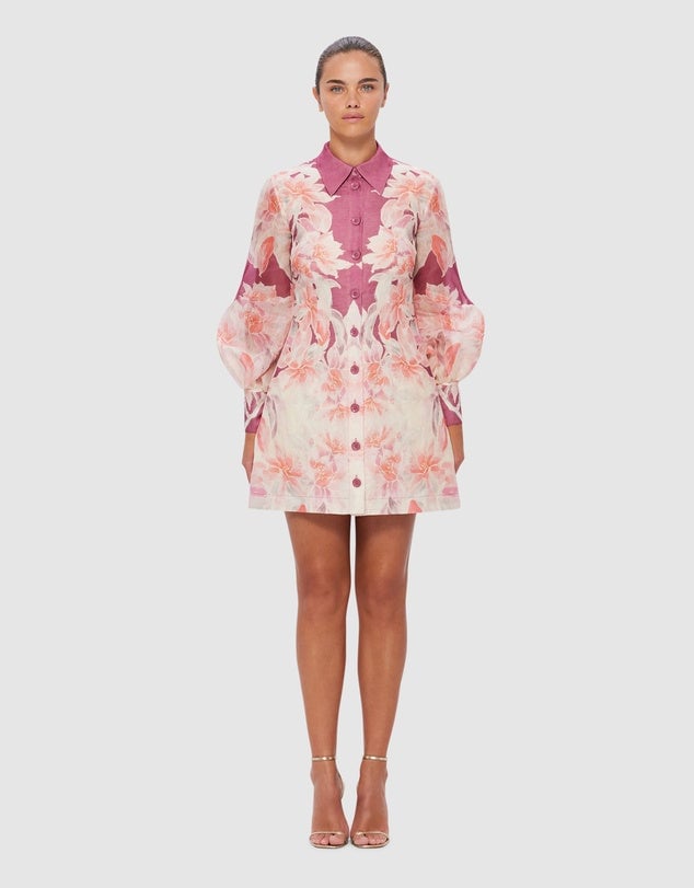 Leo Lin Luminous Silk Linen Mini Dress - Orient Print In Hibiscus photo 3