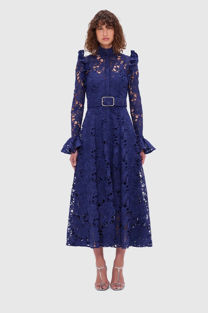 Leo Lin Aliyah Lace Butterfly Sleeve Midi Dress - Oxford Blue photo 2