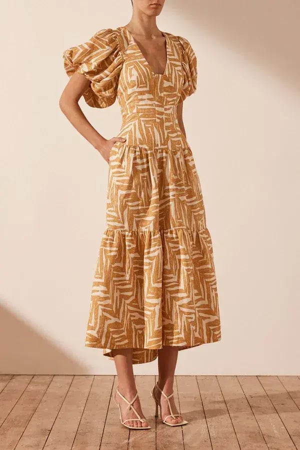 Shona Joy Imani Linen Plunged Short Sleeve Midi Dress Print Size 12 photo 2