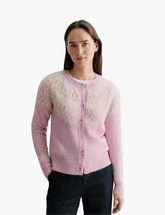 Trenery Fair Isle Jacquard Crew Cardigan in Pink Size L/14 photo 5