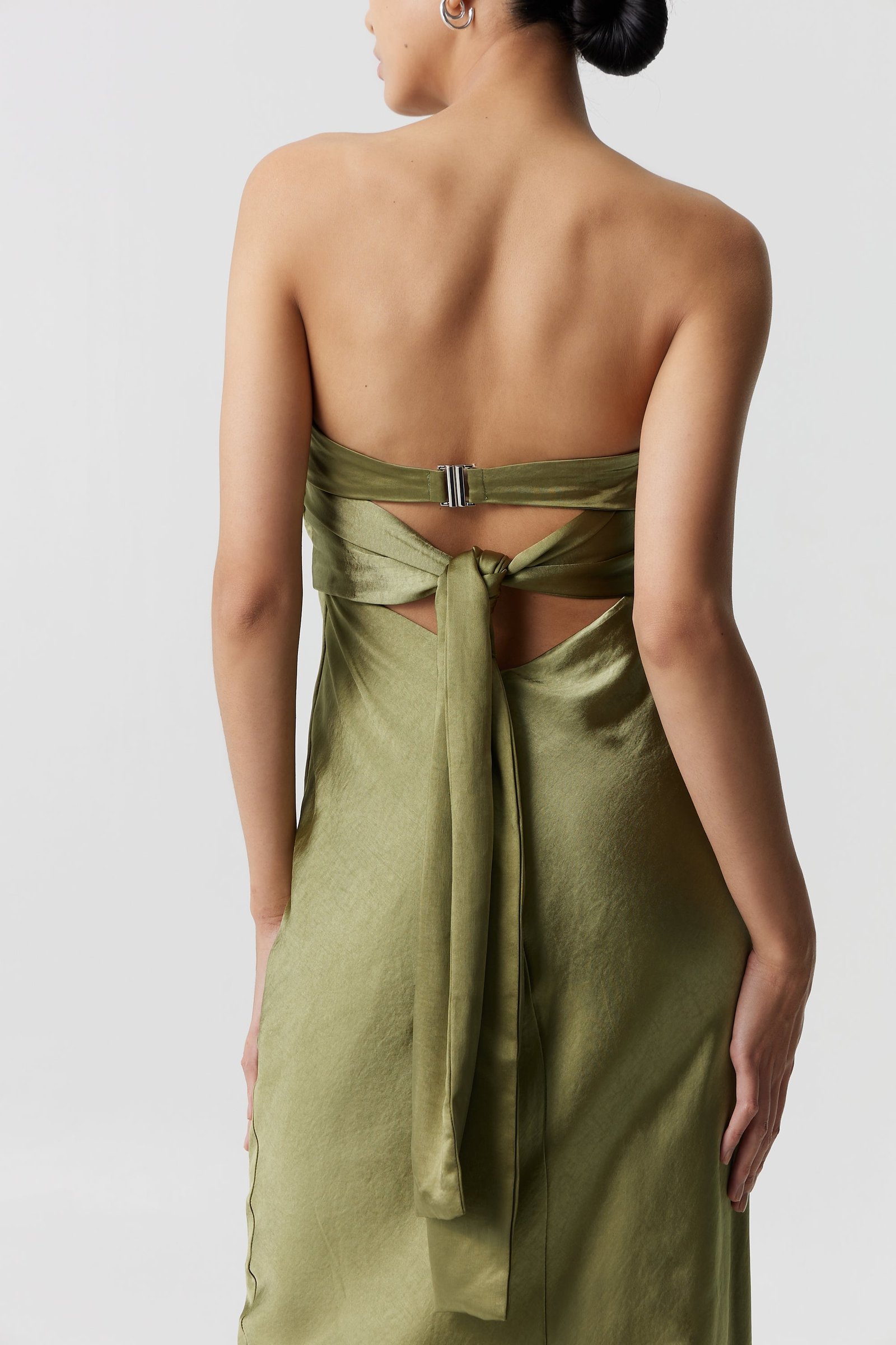 THIRD FORM SATIN TIE BACK STRAPLESS MAXI DRESS - OLIVE photo 5