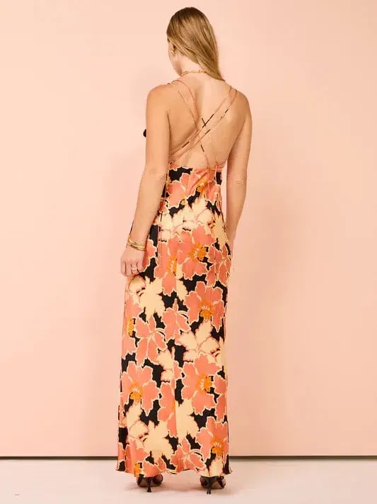 Shona Joy Rosa Silk Plunged Double Strap Maxi Dress Coral Pink/Multi Size 14 photo 4