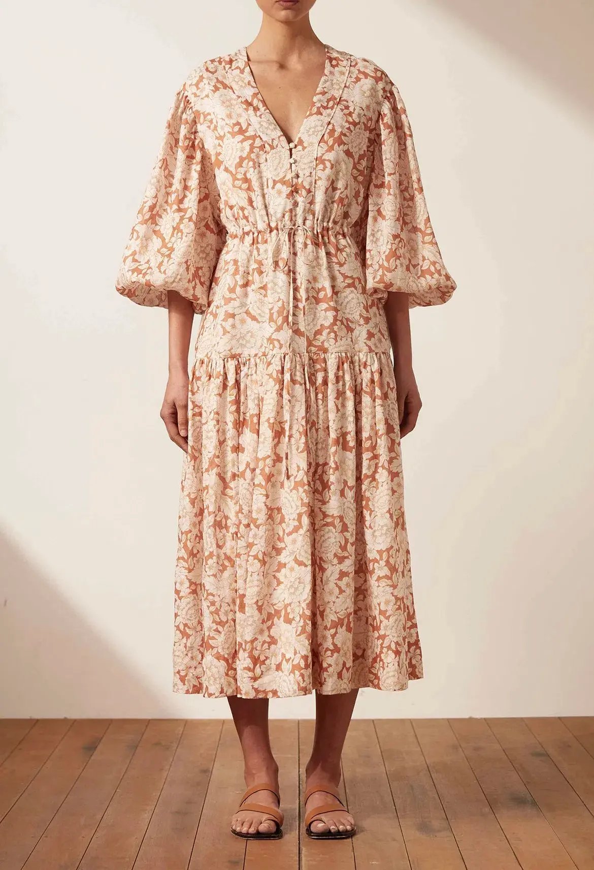 Shona Joy Flor Balloon Sleeve Drawstring Midi Dress Floral Size 12 photo 5