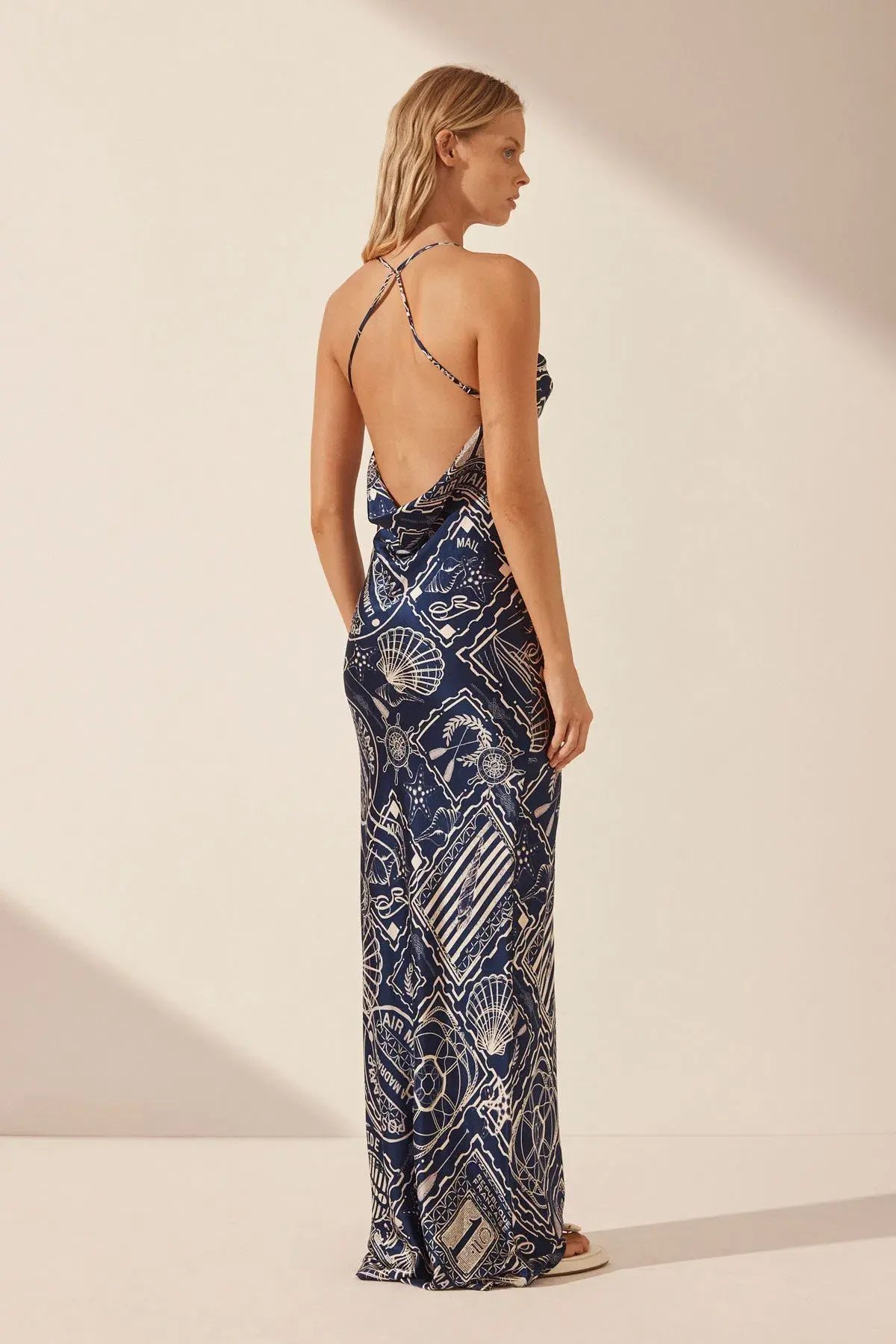 Shona Joy Mer Silk Double Cowl Bias Maxi Dress Navy/Ivory Print Size 6 photo 3