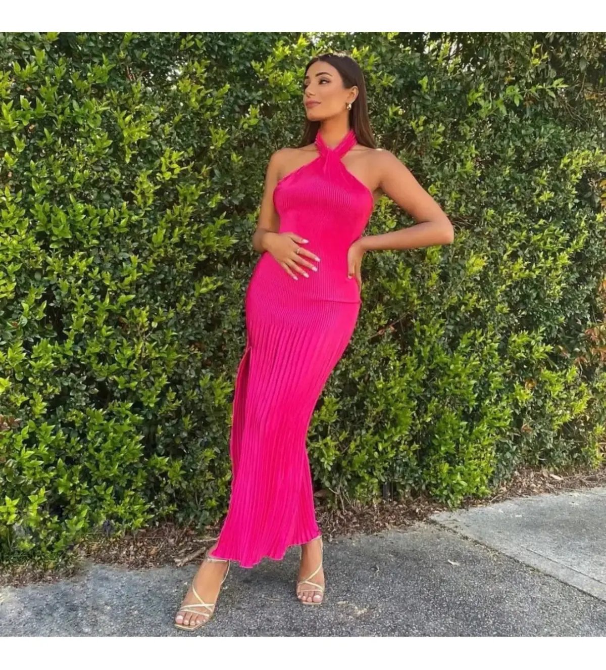 L'Idee Soiree Pleated Halter Gown Punch Hot Pink Size AU 12 photo 6