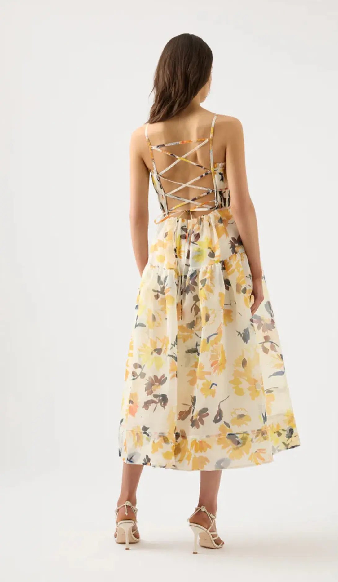 Aje Botanica Cross Back Midi Dress Pressed Sunflowers Size 10 photo 2
