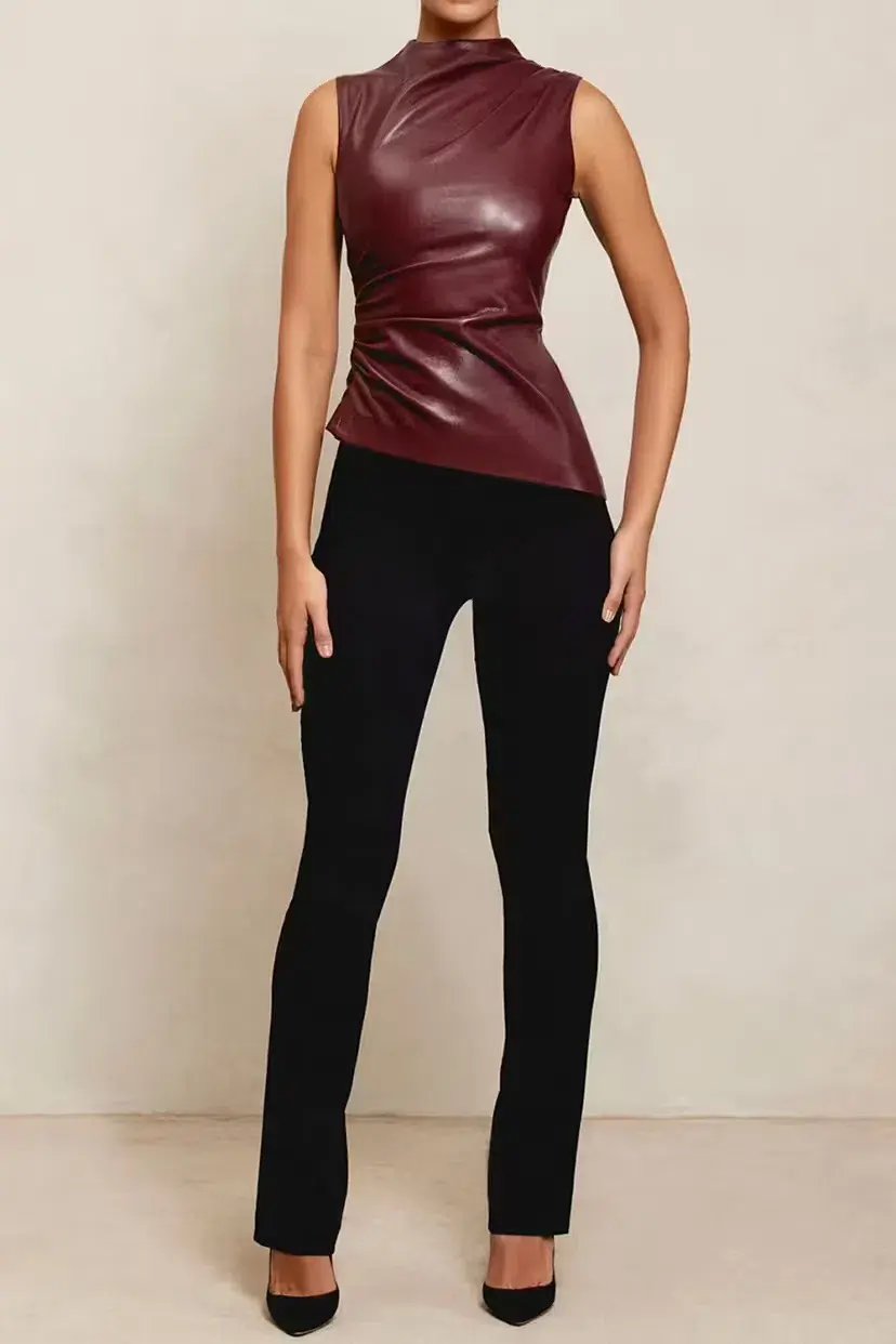 House of CB Allegra Vegan Leather Asymmetric Top Wine Size S / AU 8 photo 4