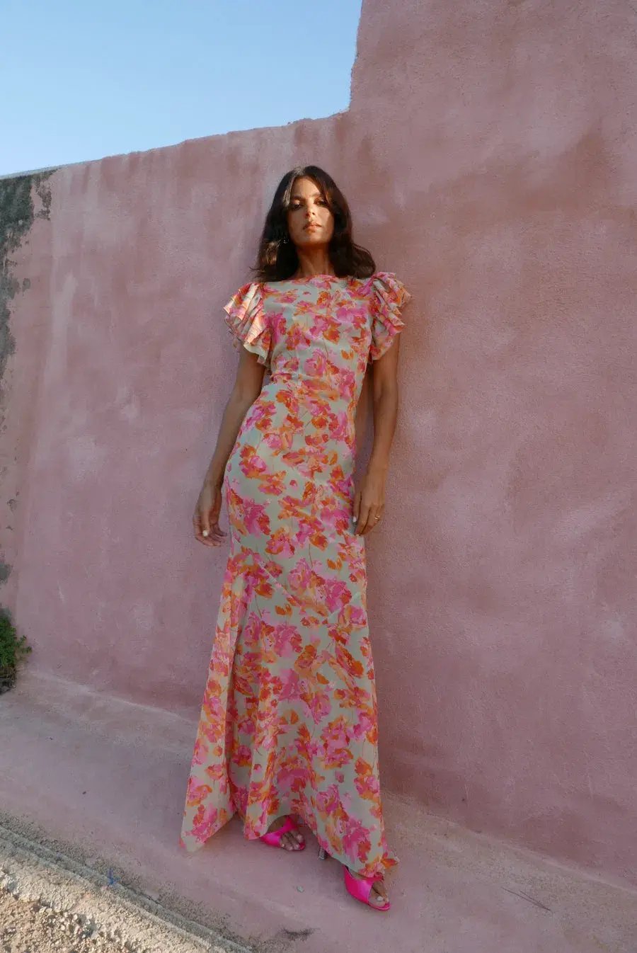 De La Vali Bougainvillea Maxi Dress Chiffon Sage Floral Size 6 photo 2