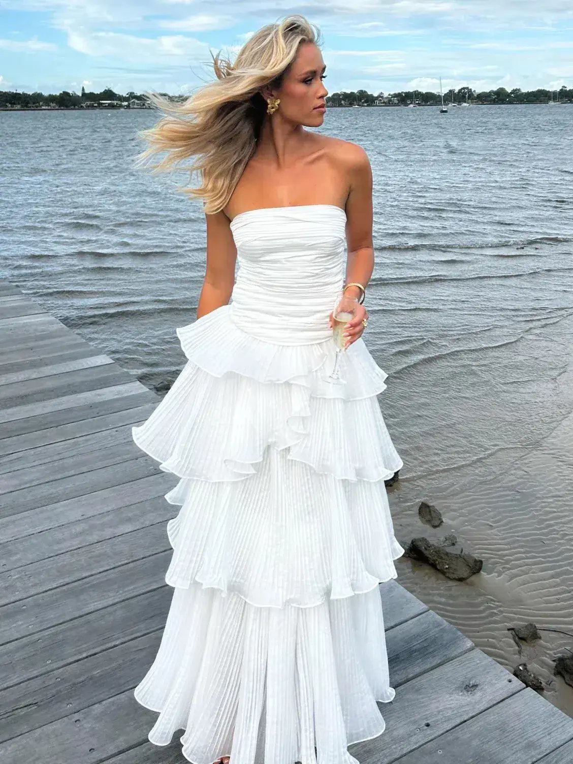 Aje Cosmos Sunbream Ruched Bustier in Size 8 and Tiered Maxi Skirt in Size 10 White photo 2