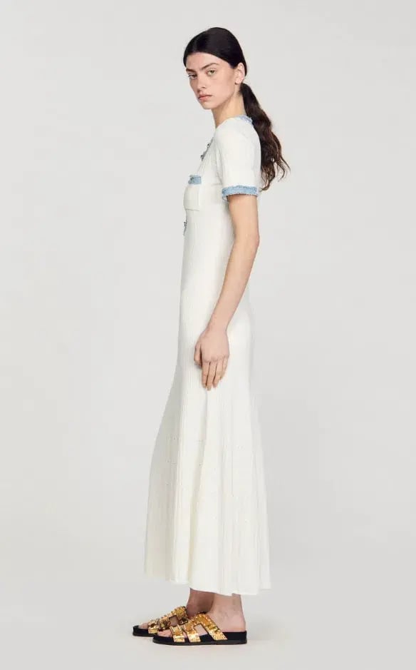Sandro Knit and Denim Midi Dress White Size 8 photo 2