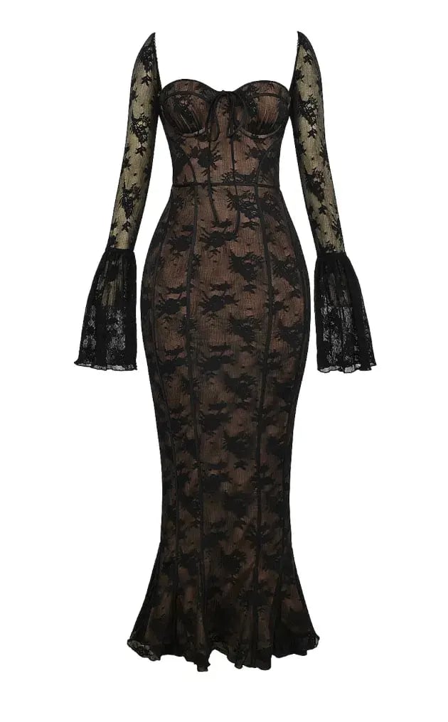 House Of CB Delilah Long Sleeve Lace Maxi Dress Black Size 6 photo 4