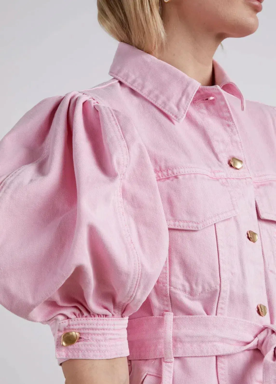 Aje Triada Button Denim Puff Sleeve Mini Dress Pink Size 14 photo 3