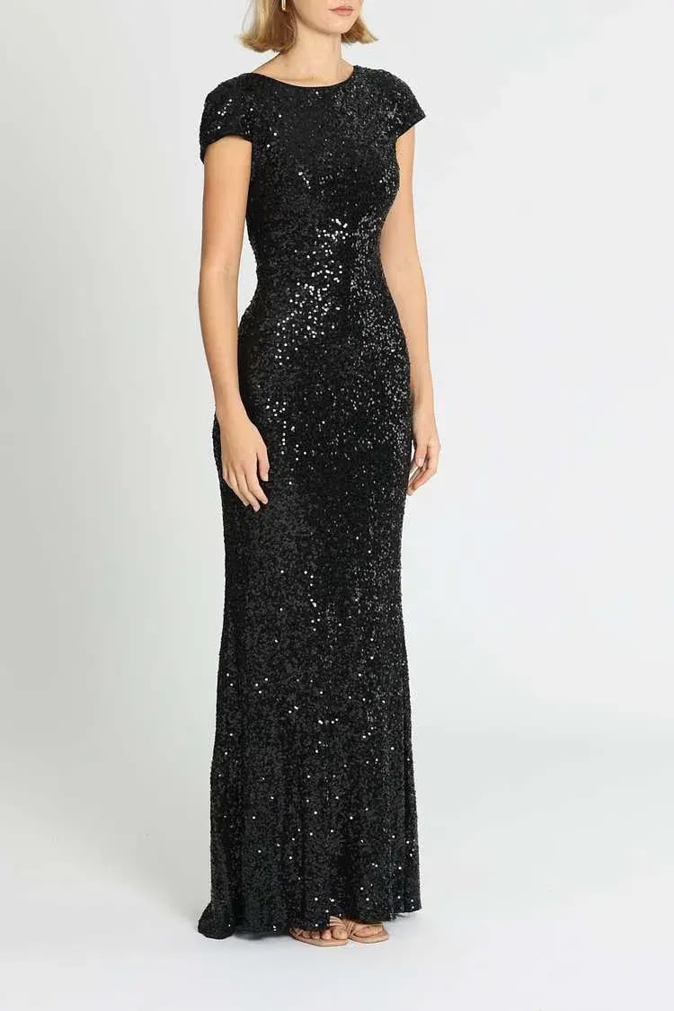Badgley Mischka Sequin Cowl Back Gown Black Size 14 photo 2