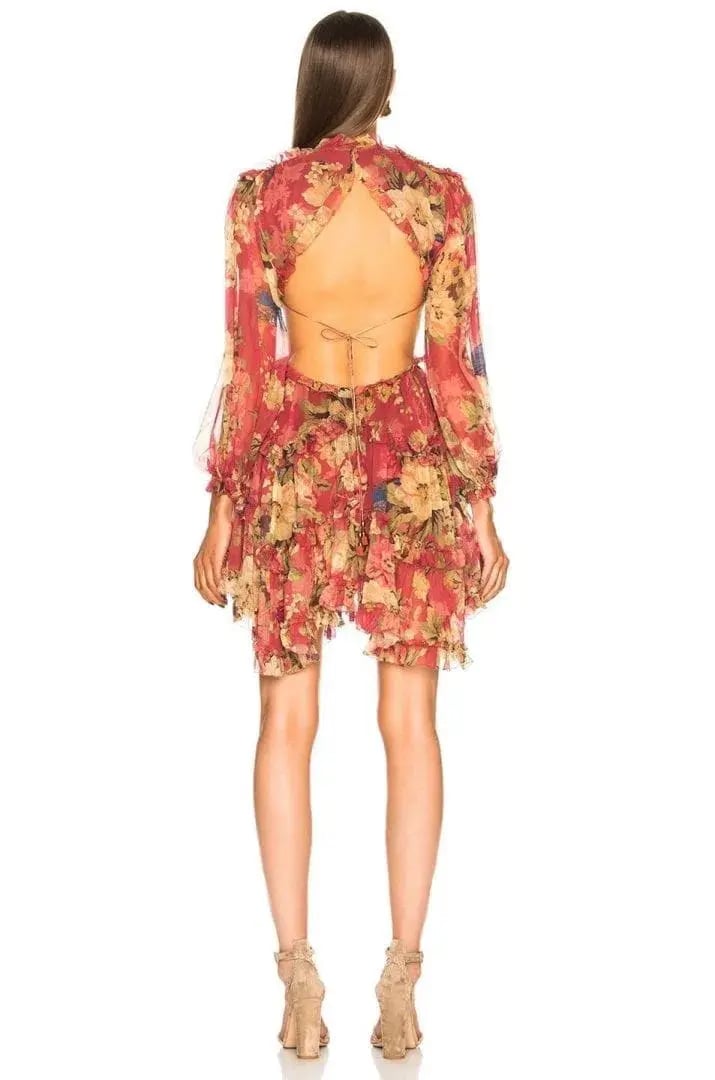 Zimmermann Melody Lace Up Short Dress Burgundy/Floral Size 6 photo 2