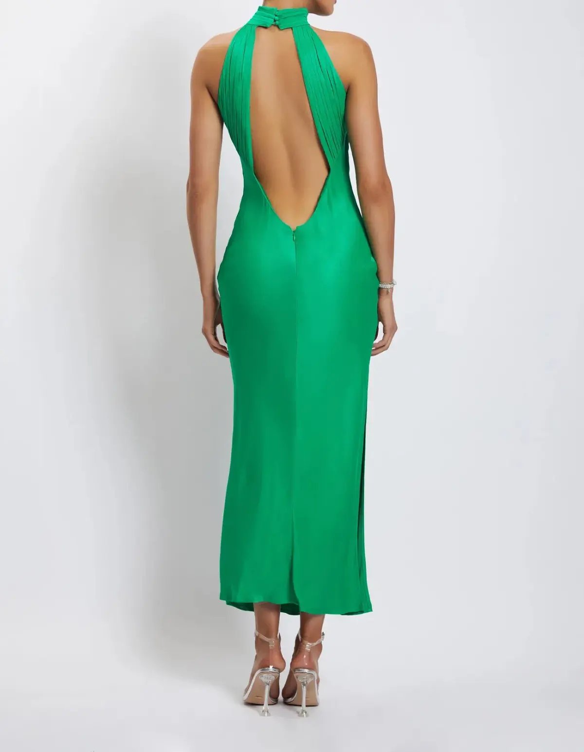 Meshki Claire Satin Drape Back Maxi Dress Green Size 8 photo 2