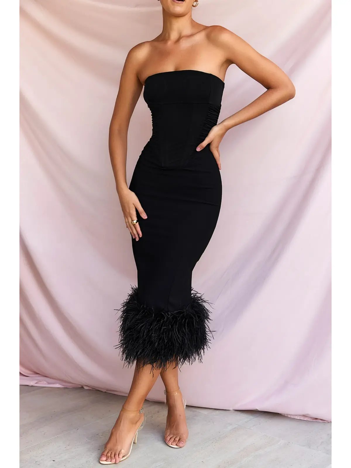 House Of CB Fionula Strapless Feather Corset Dress Black Size AU 10 photo 2