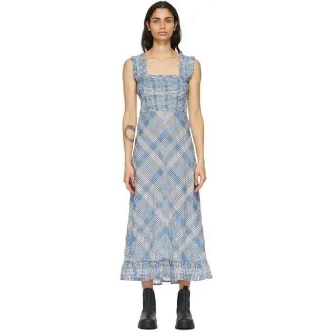 Ganni Cotton Seersucker Check Long Dress in Heather Size 10 photo 3