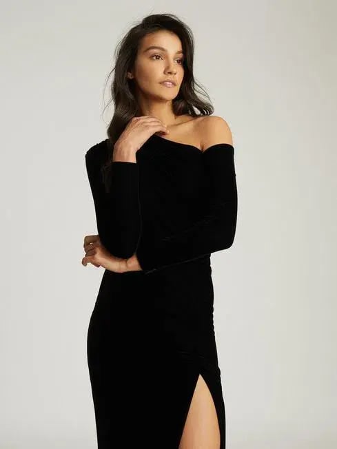 Reiss Bella Asymmetrical Neck Velvet Dress in Black Size AU 6 photo 2