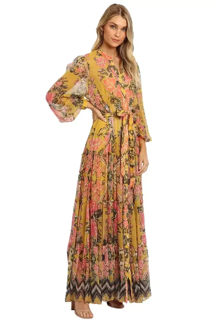 Hemant & Nandita Nova Tiered Maxi Multi Mustard Print Yellow Size 12 photo 2