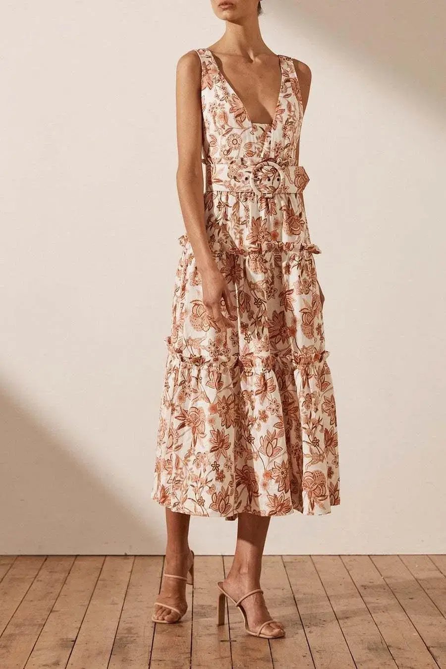 Shona Joy Carolina Linen Tiered Midi Floral Dress Print Size 10 photo 2