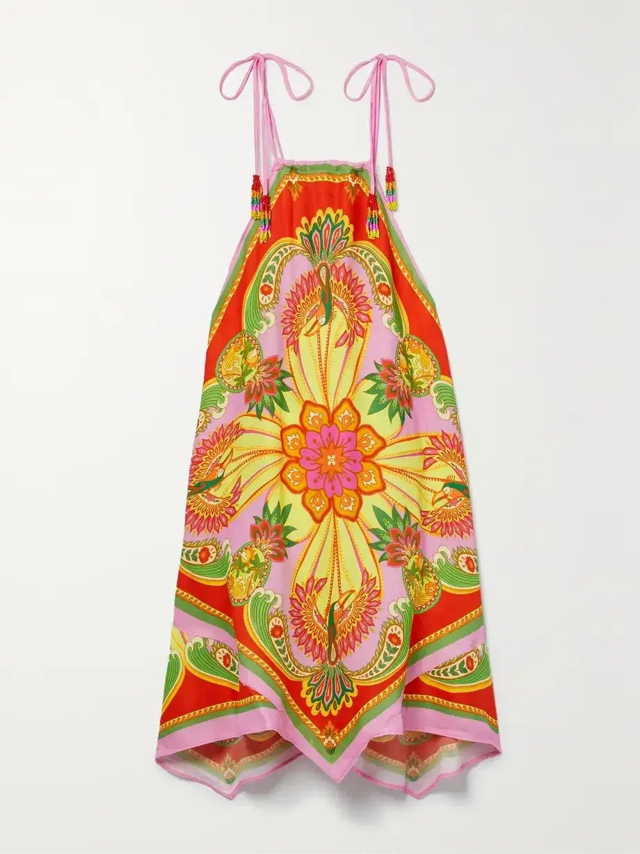 Farm Rio + Net Sustain Bead-embellished Satin Mini Dress Printed Size AU 6 photo 4